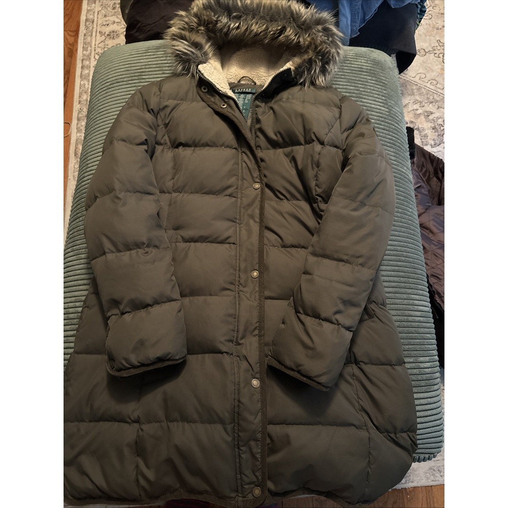 Ralph Lauren women's Faux Fur Trim Hooded Down Puffer Coat Olive Green Size‎ L